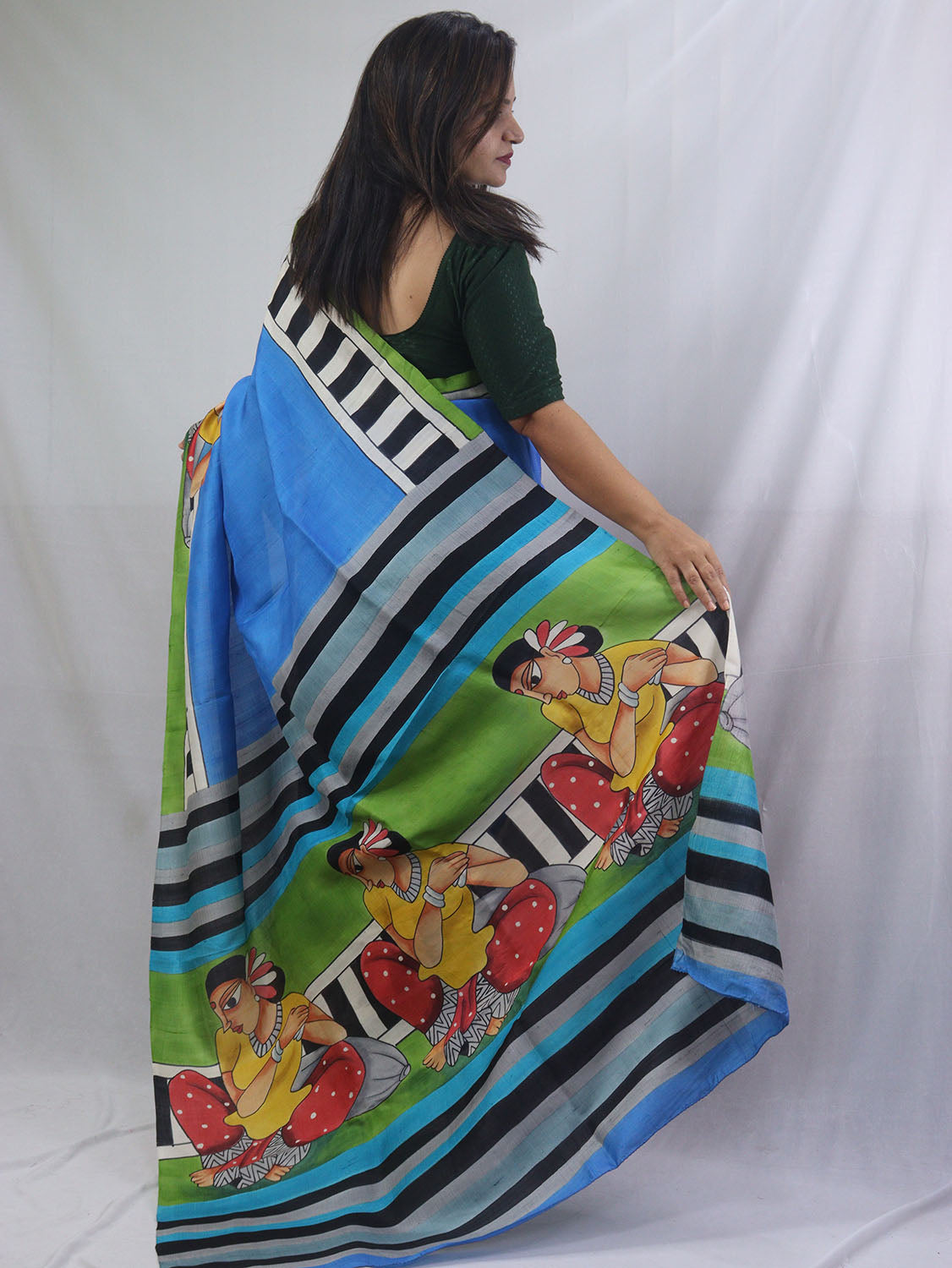Stunning Blue Murshidabad Silk Saree with Hand Painted Design - Luxurion World