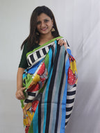 Stunning Blue Murshidabad Silk Saree with Hand Painted Design - Luxurion World