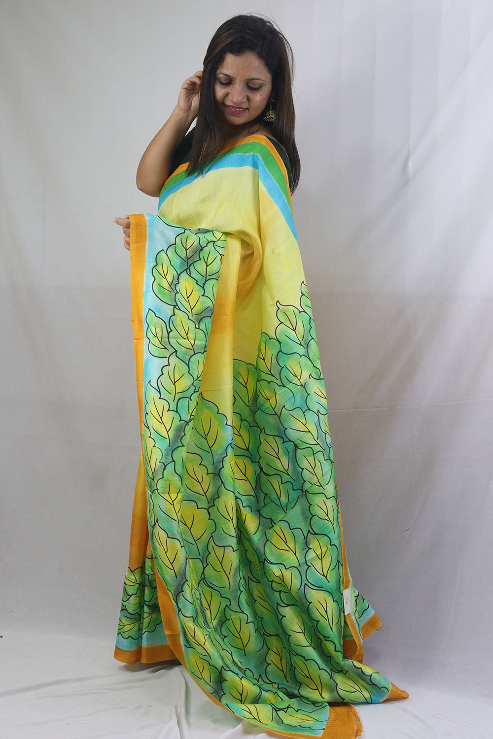 Stunning Yellow Murshidabad Silk Saree with Hand Painted Designs - Luxurion World