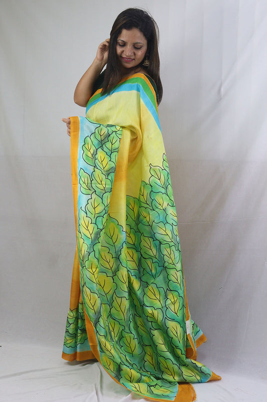 Stunning Yellow Murshidabad Silk Saree with Hand Painted Designs - Luxurion World