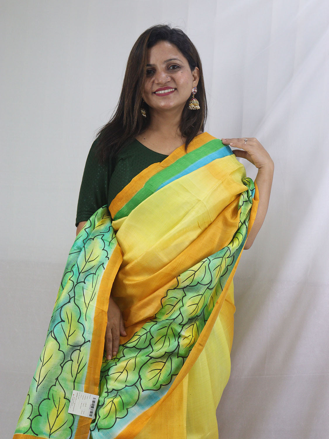 Stunning Yellow Murshidabad Silk Saree with Hand Painted Designs - Luxurion World