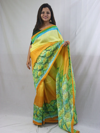 Stunning Yellow Murshidabad Silk Saree with Hand Painted Designs - Luxurion World