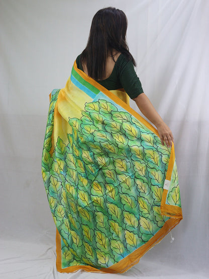 Stunning Yellow Murshidabad Silk Saree with Hand Painted Designs - Luxurion World
