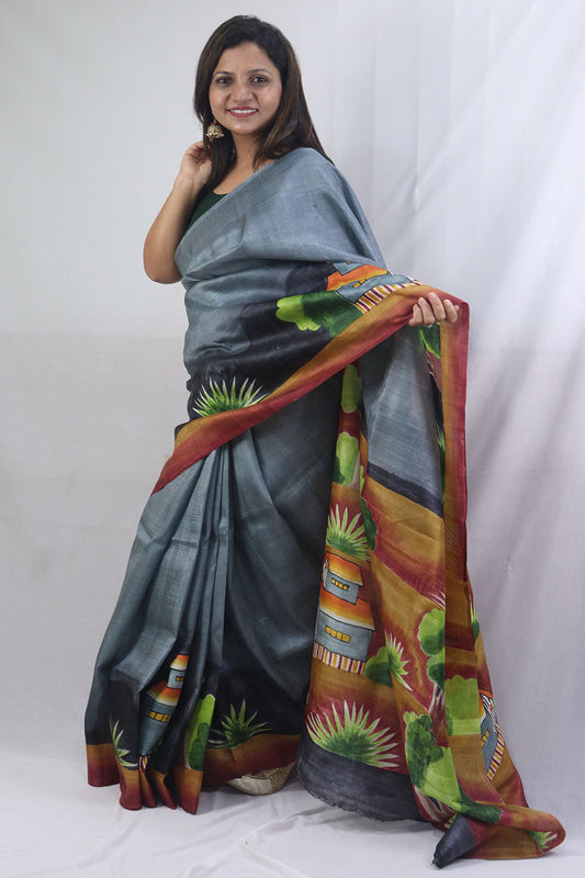 Stunning Grey Hand Painted Murshidabad Silk Saree - Perfect for Any Occasion! - Luxurion World
