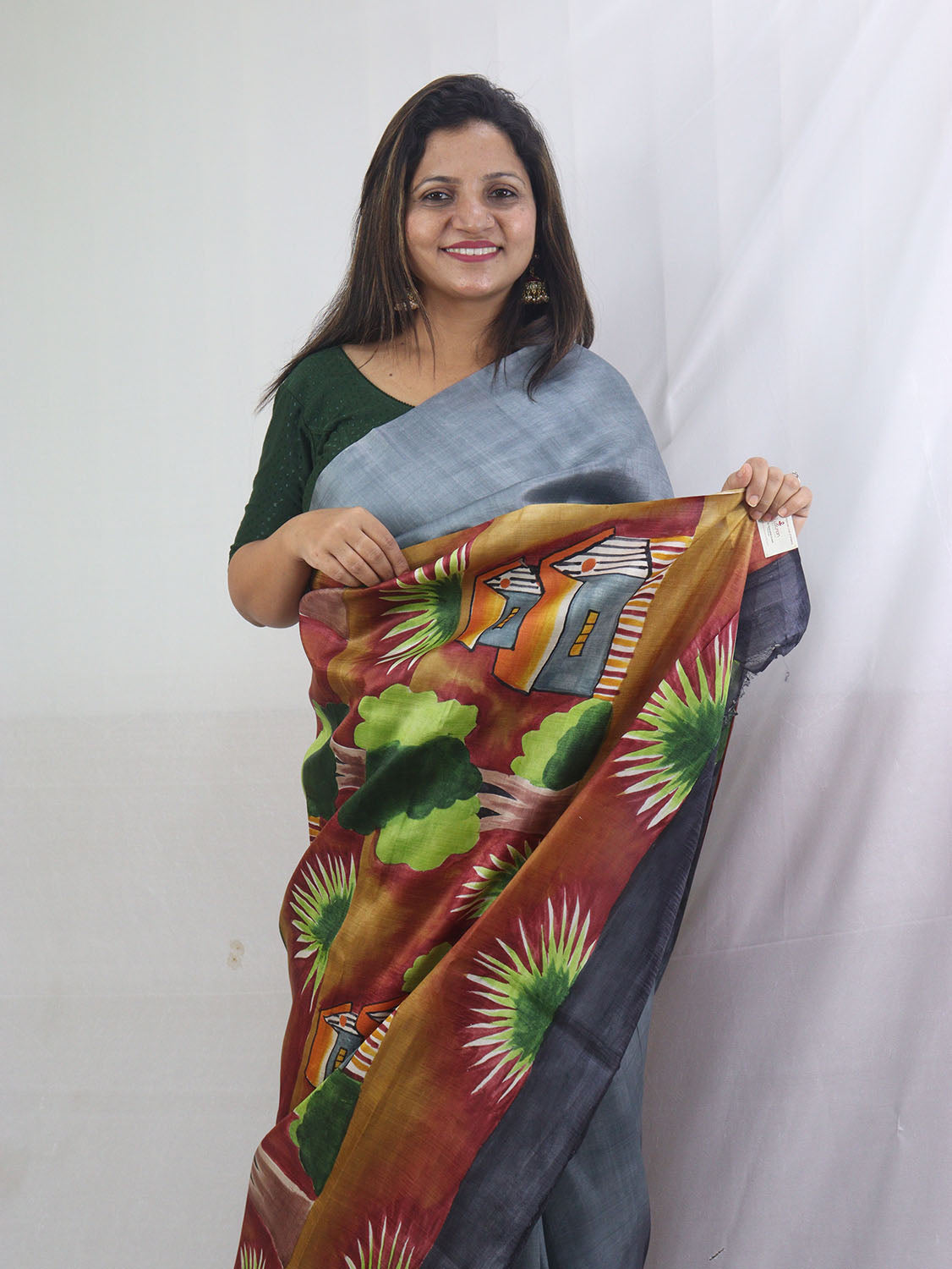 Stunning Grey Hand Painted Murshidabad Silk Saree - Perfect for Any Occasion! - Luxurion World