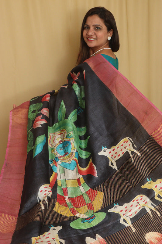 Black Hand Painted Tussar Silk Pichwai Design Saree - Luxurion World