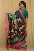 Black Hand Painted Tussar Silk Pichwai Design Saree - Luxurion World