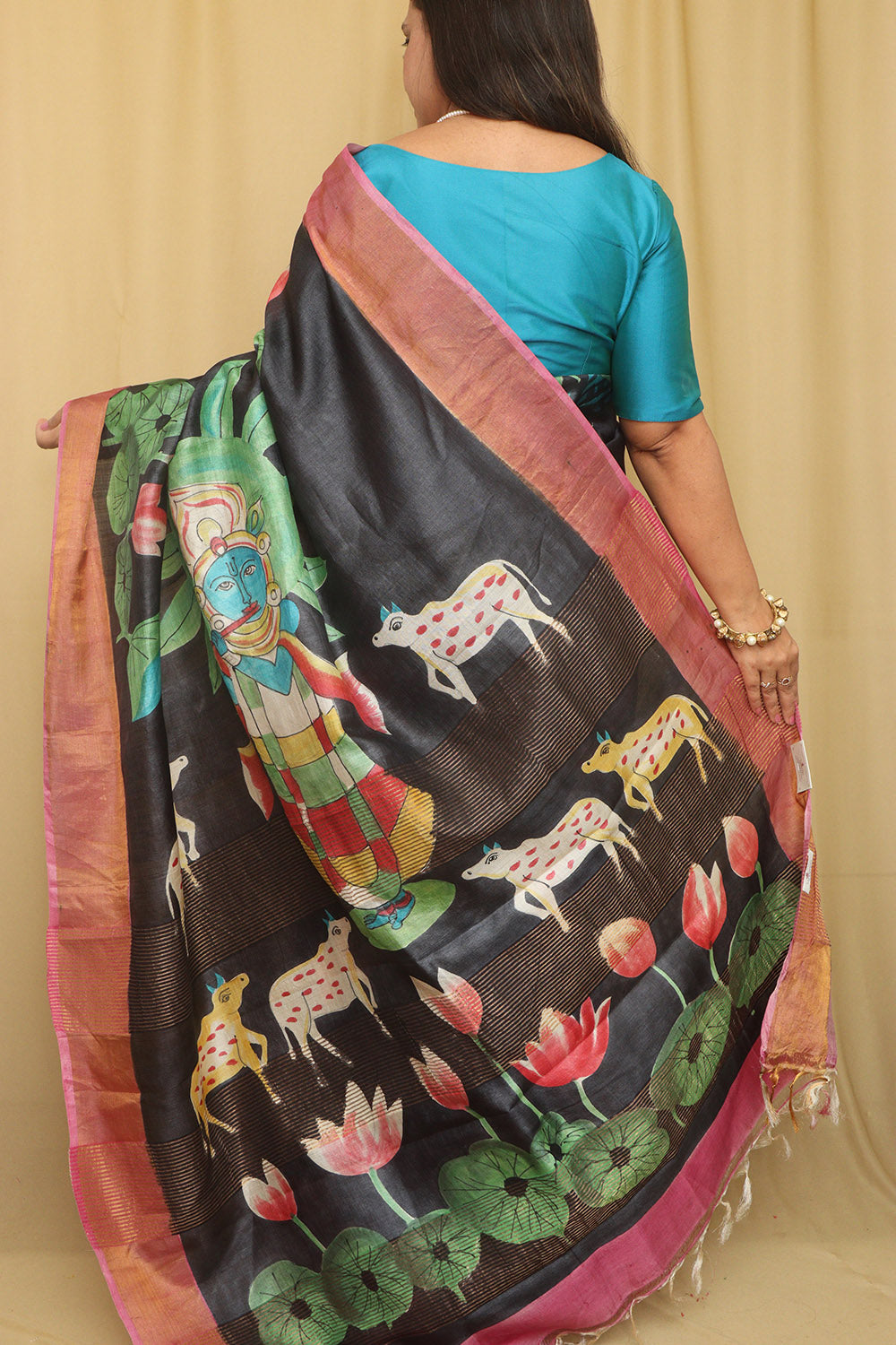 Black Hand Painted Tussar Silk Pichwai Design Saree - Luxurion World