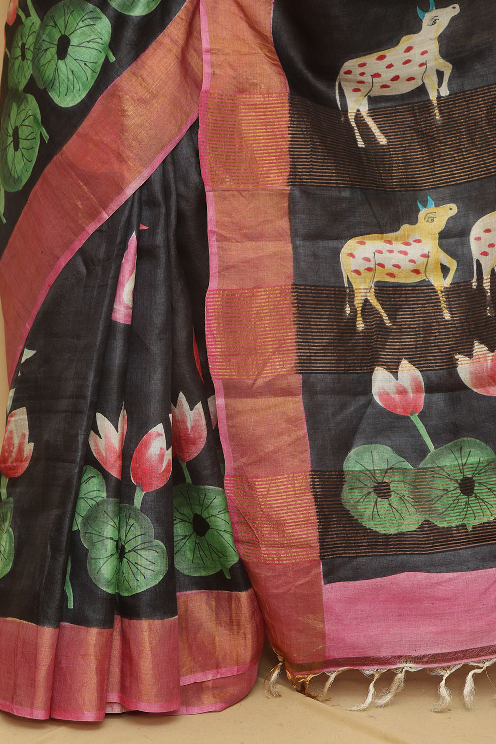 Black Hand Painted Tussar Silk Pichwai Design Saree - Luxurion World