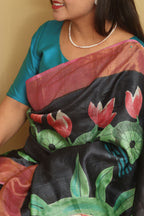 Black Hand Painted Tussar Silk Pichwai Design Saree - Luxurion World