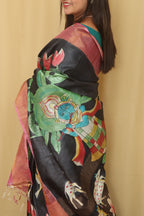 Black Hand Painted Tussar Silk Pichwai Design Saree - Luxurion World