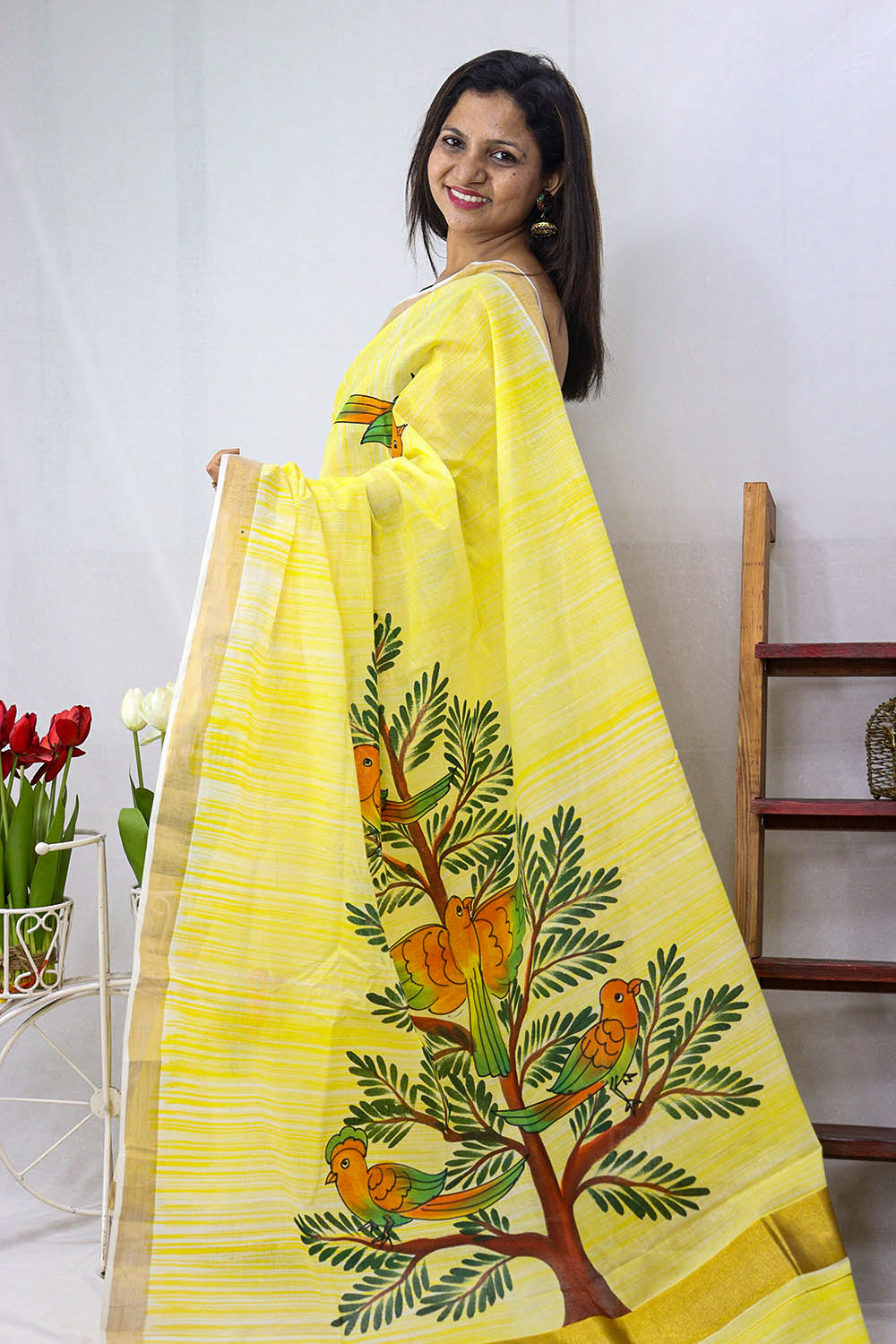 Hand-painted Kerala cotton saree - Vibrant yellow, pure elegance - Luxurion World