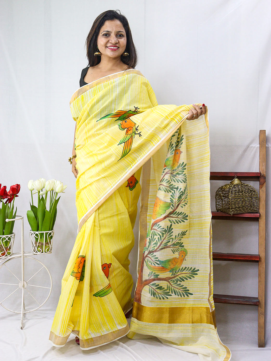 Hand-painted Kerala cotton saree - Vibrant yellow, pure elegance - Luxurion World