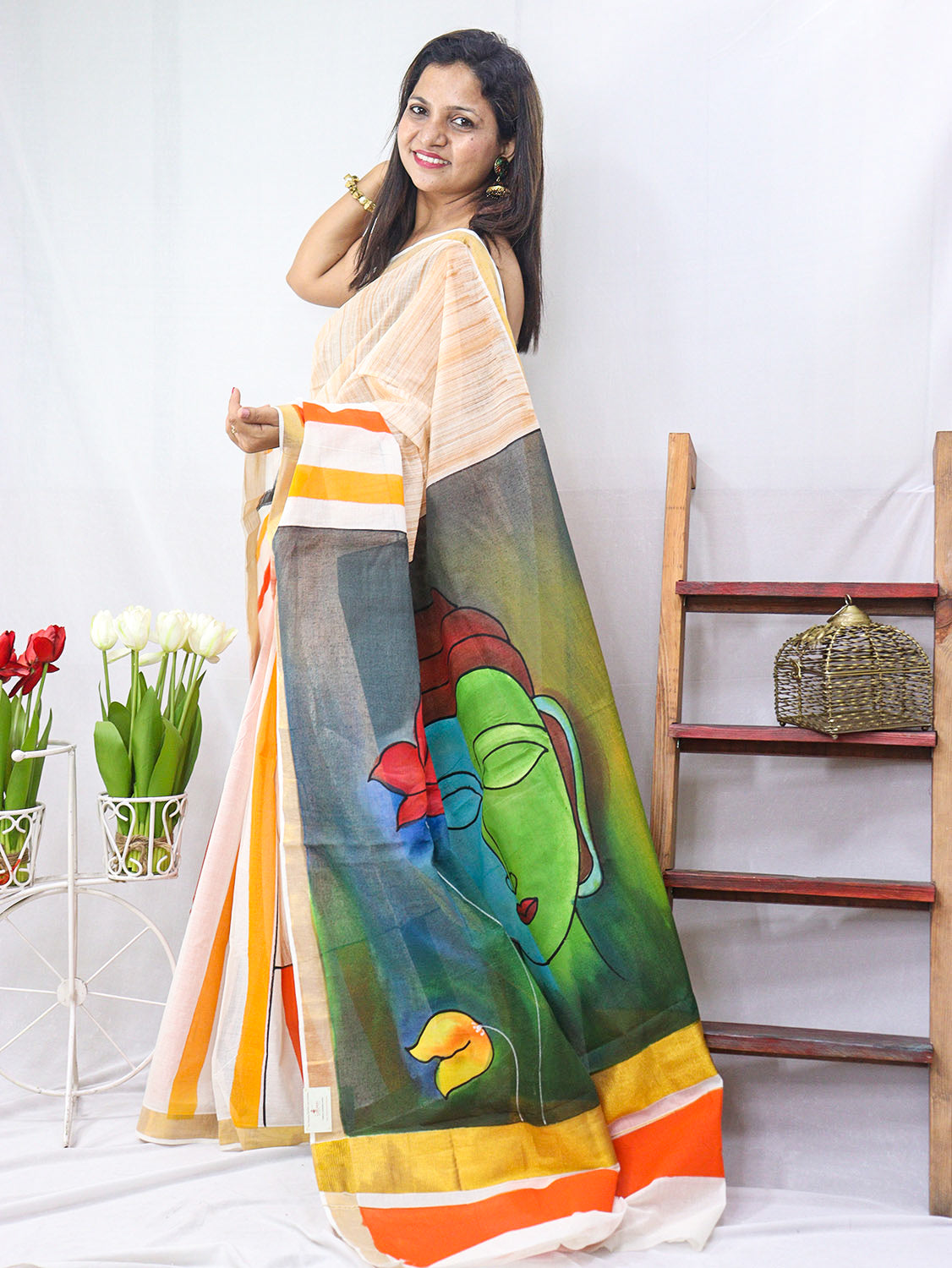 Hand Painted Kerala Cotton Saree - Vibrant Multicolor Design - Luxurion World