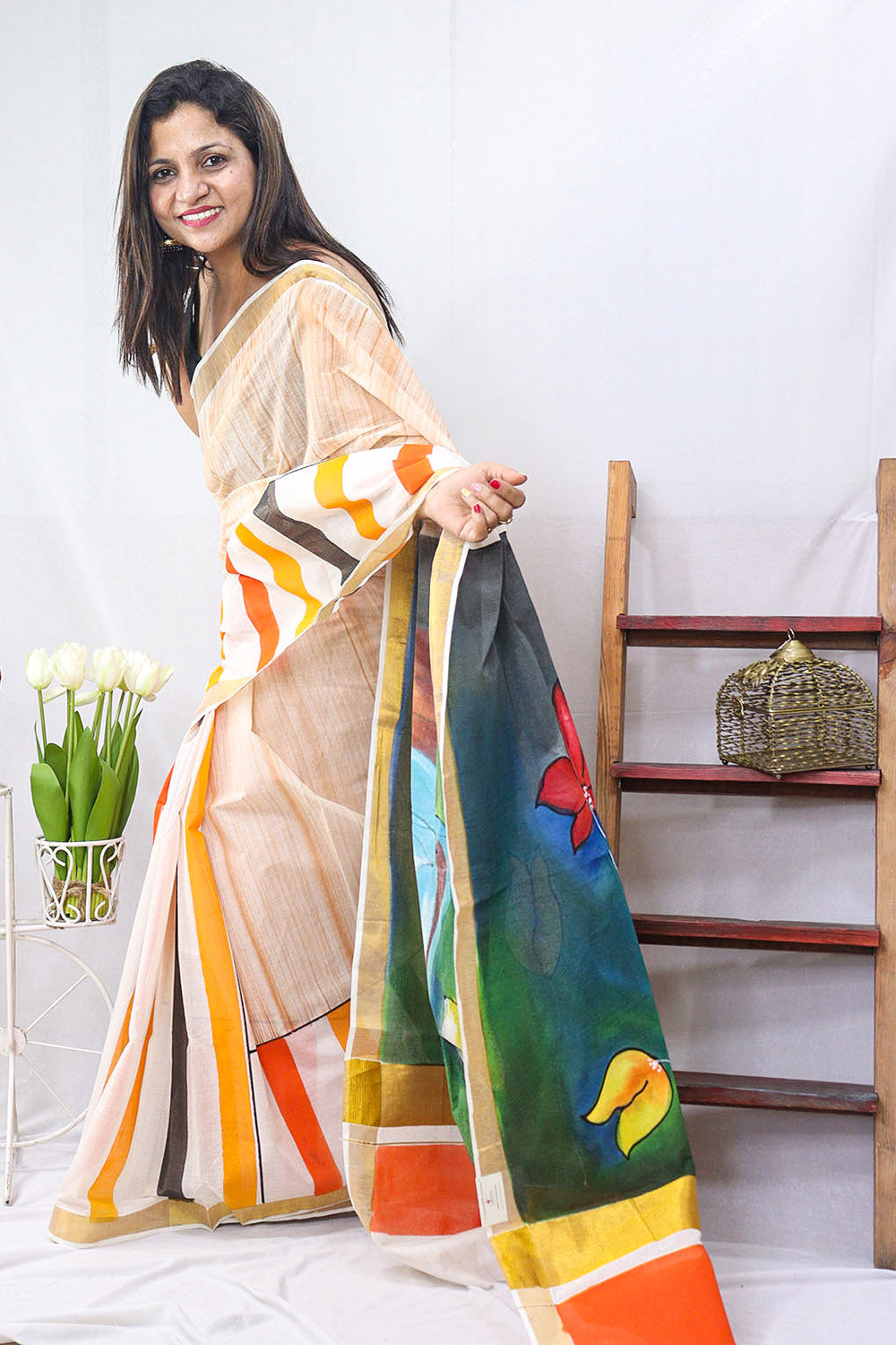 Hand Painted Kerala Cotton Saree - Vibrant Multicolor Design - Luxurion World