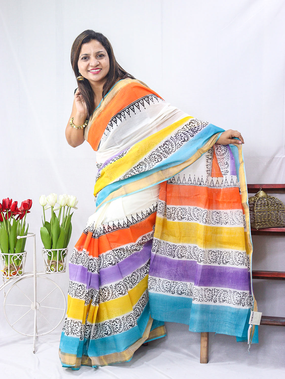 Hand Painted Kerala Cotton Saree - Elegant Off White Design - Luxurion World