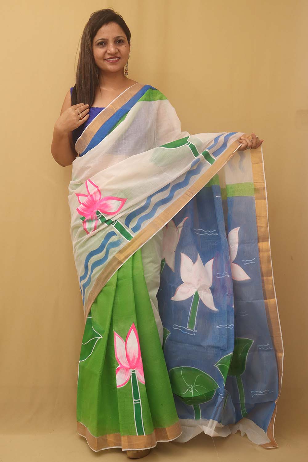 Green Hand Painted Kerala Cotton Saree - Luxurion World