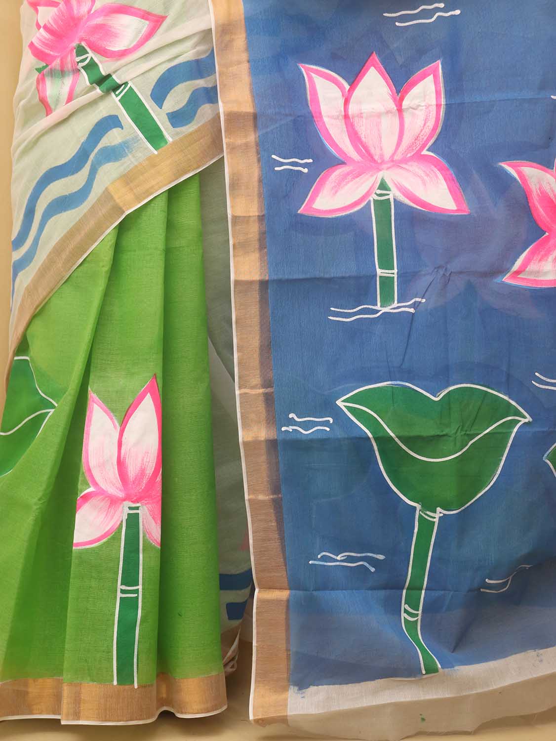 Green Hand Painted Kerala Cotton Saree - Luxurion World