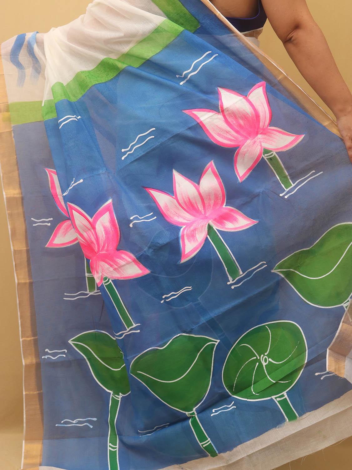 Green Hand Painted Kerala Cotton Saree - Luxurion World