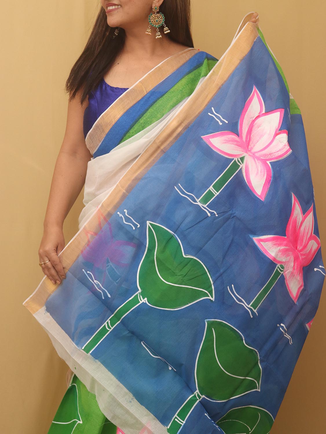 Green Hand Painted Kerala Cotton Saree - Luxurion World