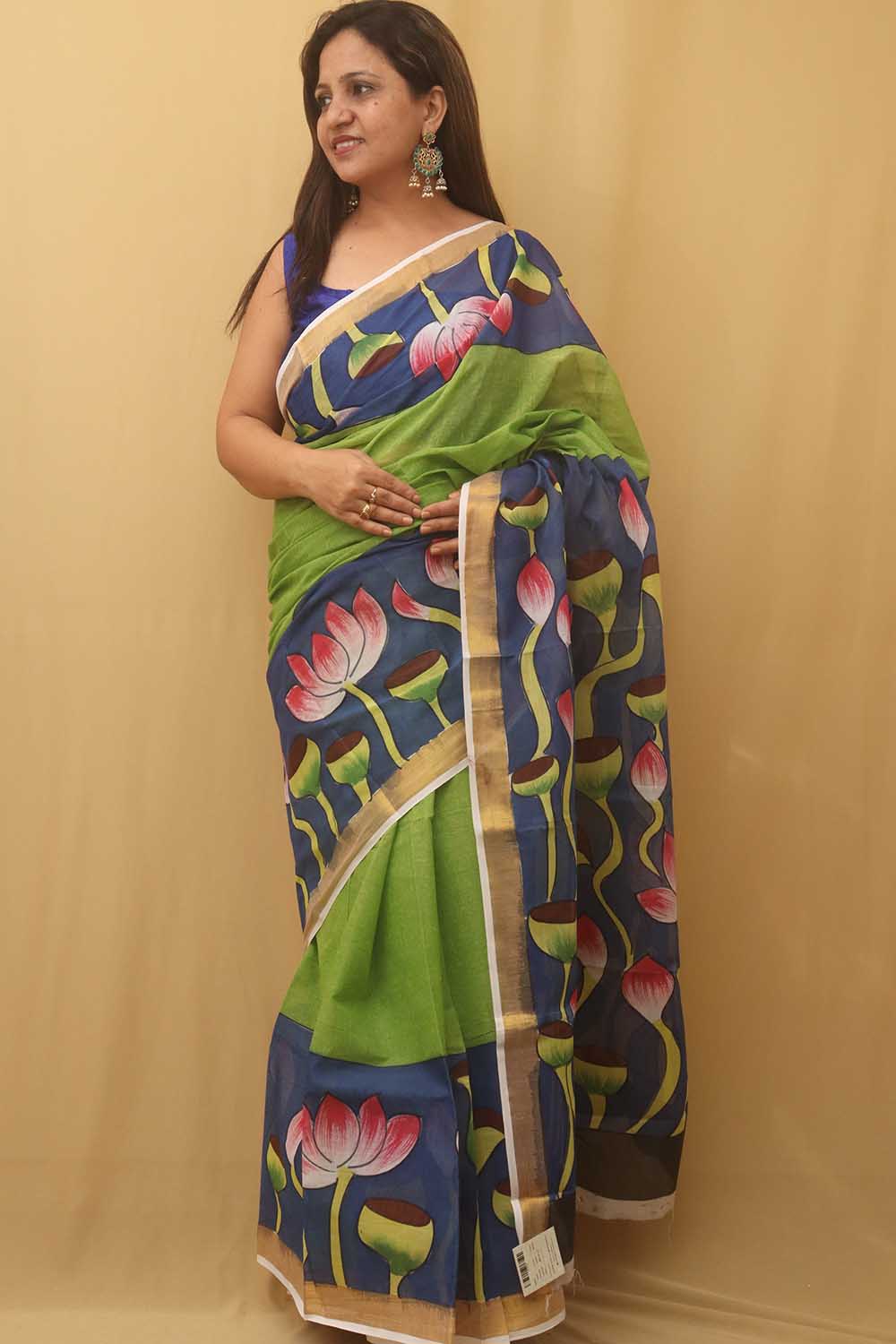 Green Hand Painted Kerala Cotton Saree - Luxurion World