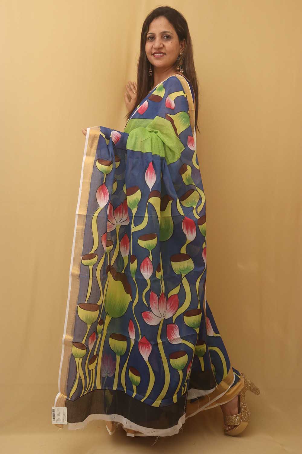 Green Hand Painted Kerala Cotton Saree - Luxurion World