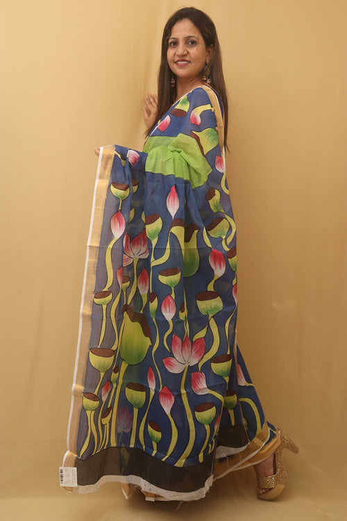 Green Hand Painted Kerala Cotton Saree - Luxurion World