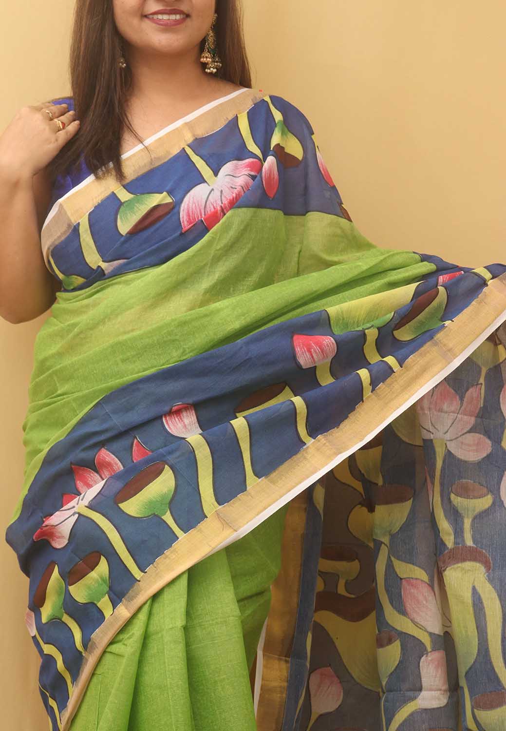 Green Hand Painted Kerala Cotton Saree - Luxurion World