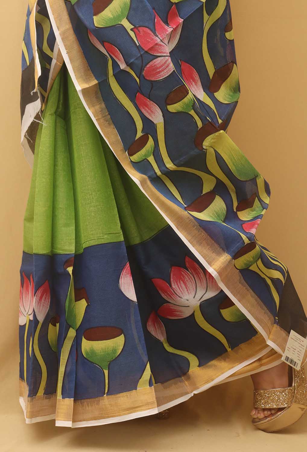 Green Hand Painted Kerala Cotton Saree - Luxurion World
