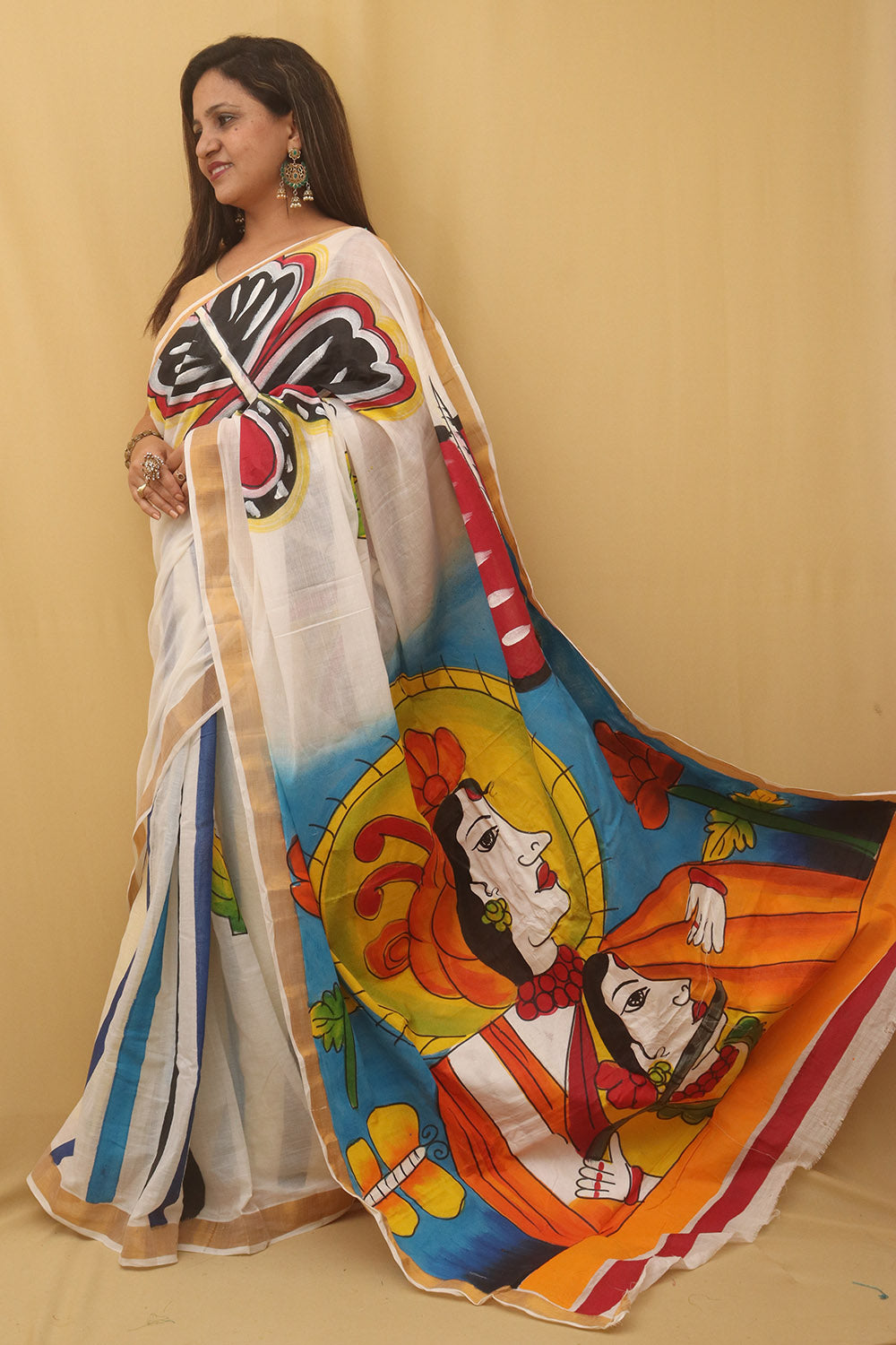 Off White Hand Painted Pure Kerala Cotton Saree - Luxurion World