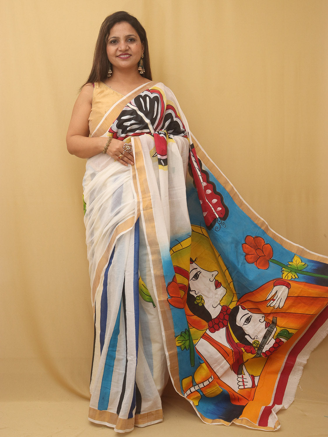 Off White Hand Painted Pure Kerala Cotton Saree - Luxurion World