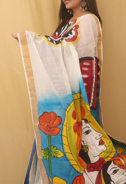 Off White Hand Painted Pure Kerala Cotton Saree - Luxurion World