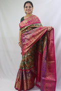 Stunning Green Handloom Ikat Pure Silk Saree with Kanjeevaram Border - Pochampally - Luxurion World