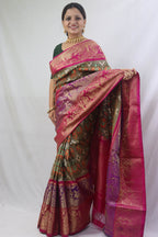 Stunning Green Handloom Ikat Pure Silk Saree with Kanjeevaram Border - Pochampally - Luxurion World