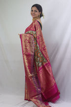Stunning Green Handloom Ikat Pure Silk Saree with Kanjeevaram Border - Pochampally - Luxurion World