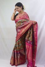 Stunning Green Handloom Ikat Pure Silk Saree with Kanjeevaram Border - Pochampally - Luxurion World