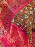 Stunning Green Handloom Ikat Pure Silk Saree with Kanjeevaram Border - Pochampally - Luxurion World