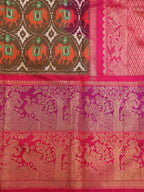 Stunning Green Handloom Ikat Pure Silk Saree with Kanjeevaram Border - Pochampally - Luxurion World