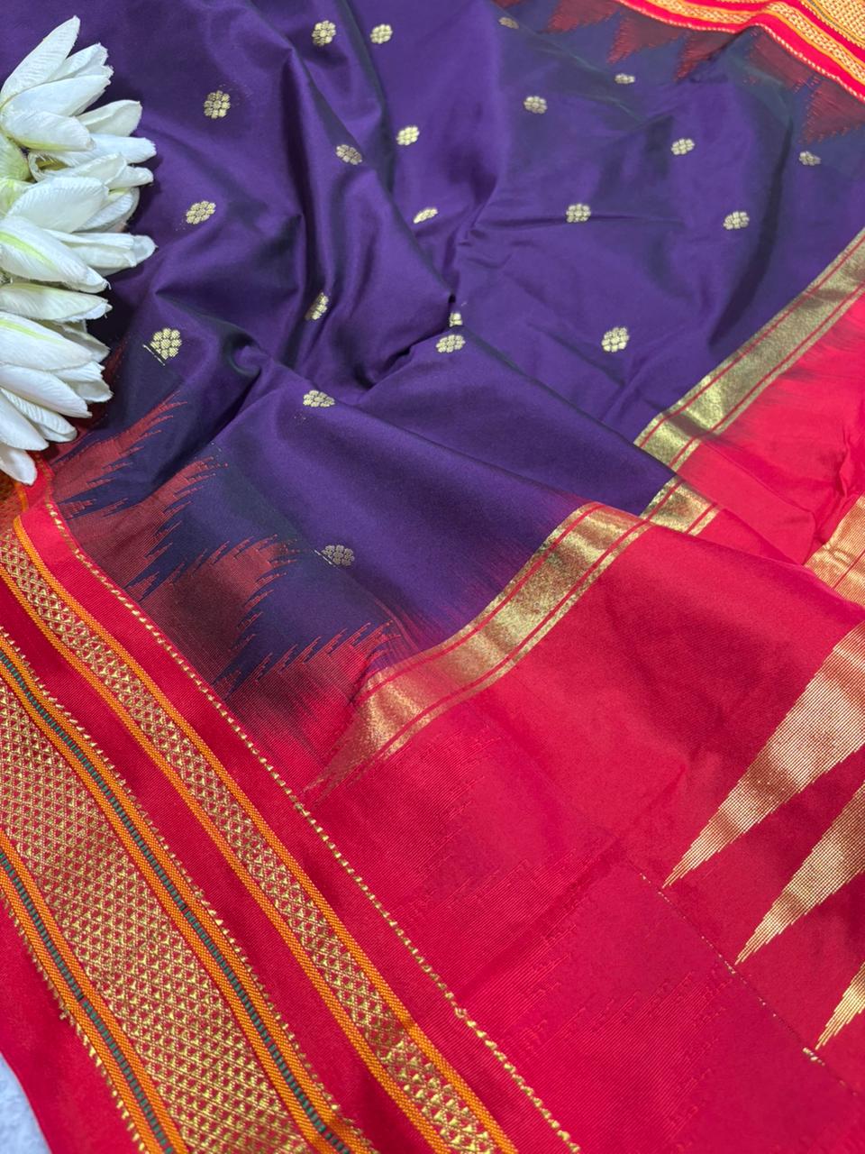 Blue & Red Ilkal Silk Saree — Temple Border, Flower Booti, Festive