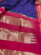 Blue & Red Ilkal Silk Saree — Temple Border, Flower Booti, Festive