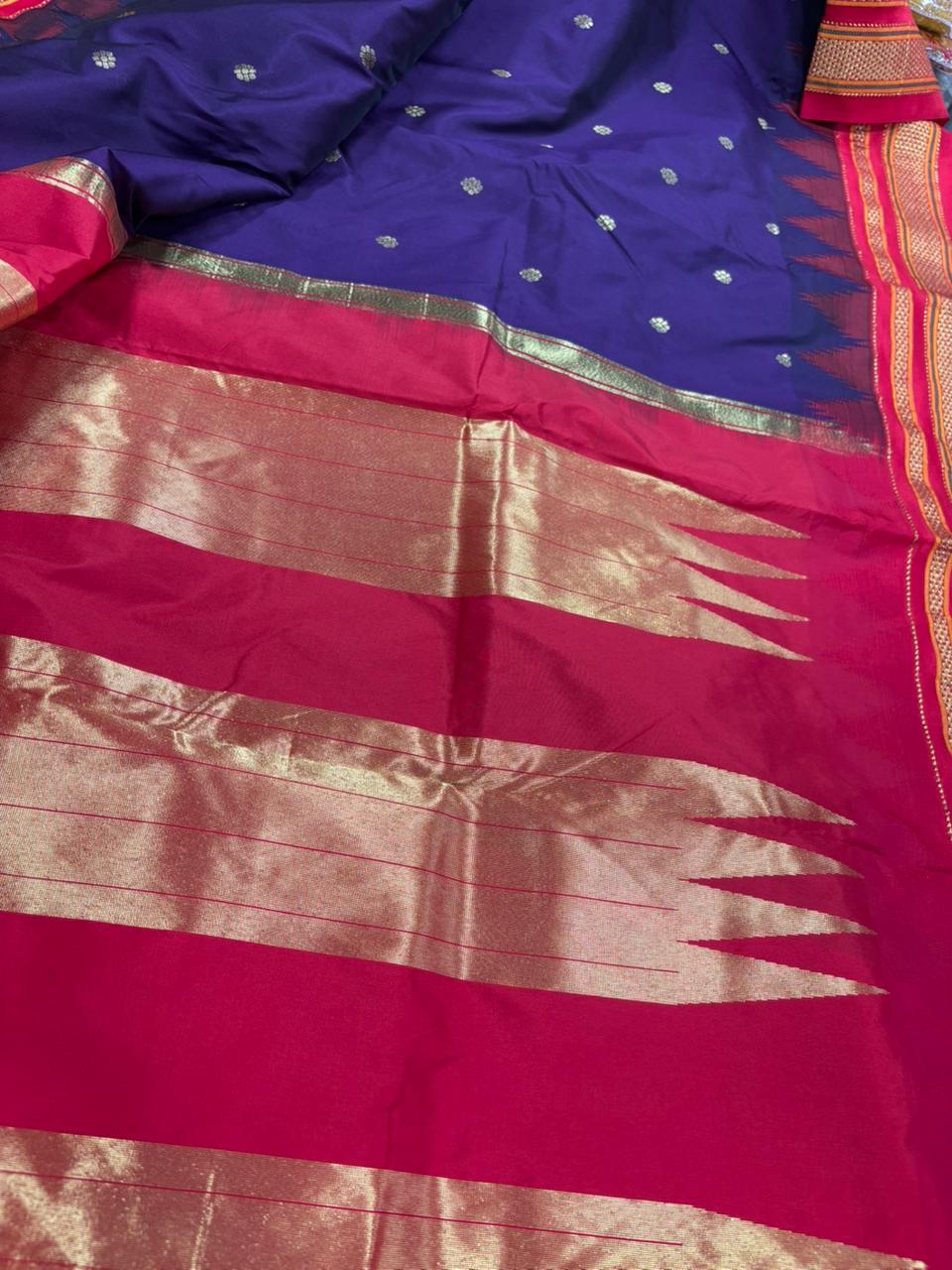 Blue & Red Ilkal Silk Saree — Temple Border, Flower Booti, Festive