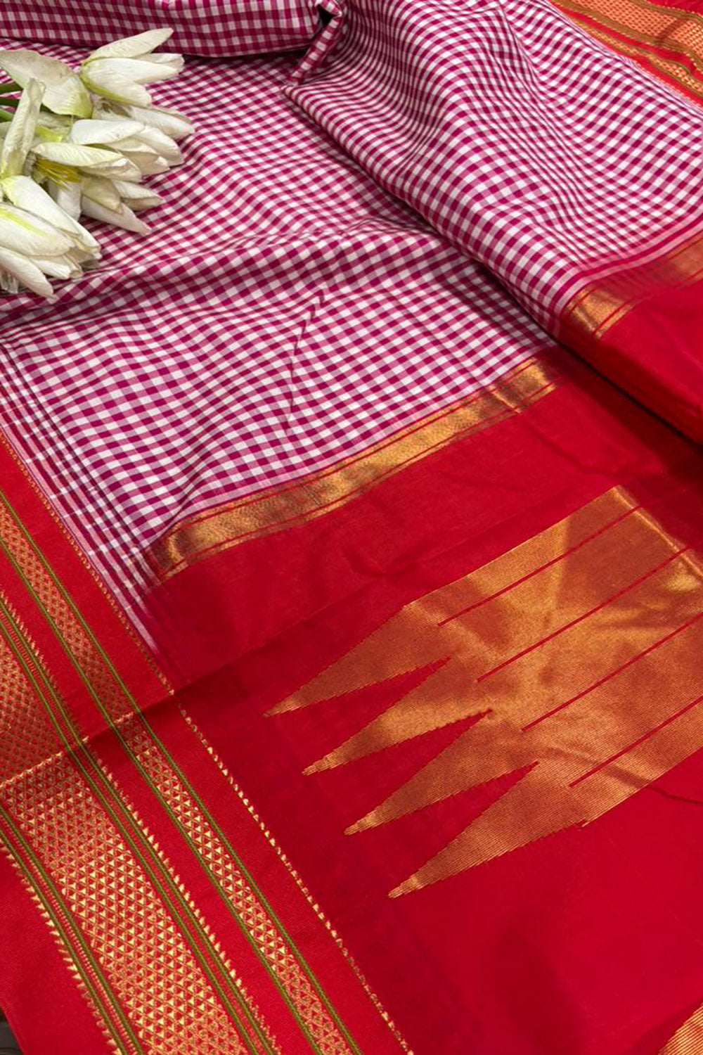 Pink & Red Ilkal Silk Saree — Temple Border, Checks, Festive