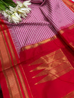 Pink & Red Ilkal Silk Saree — Temple Border, Checks, Festive