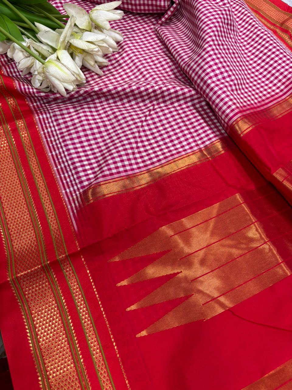 Pink & Red Ilkal Silk Saree — Temple Border, Checks, Festive