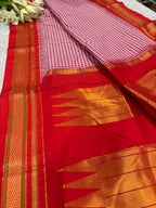 Pink & Red Ilkal Silk Saree — Temple Border, Checks, Festive