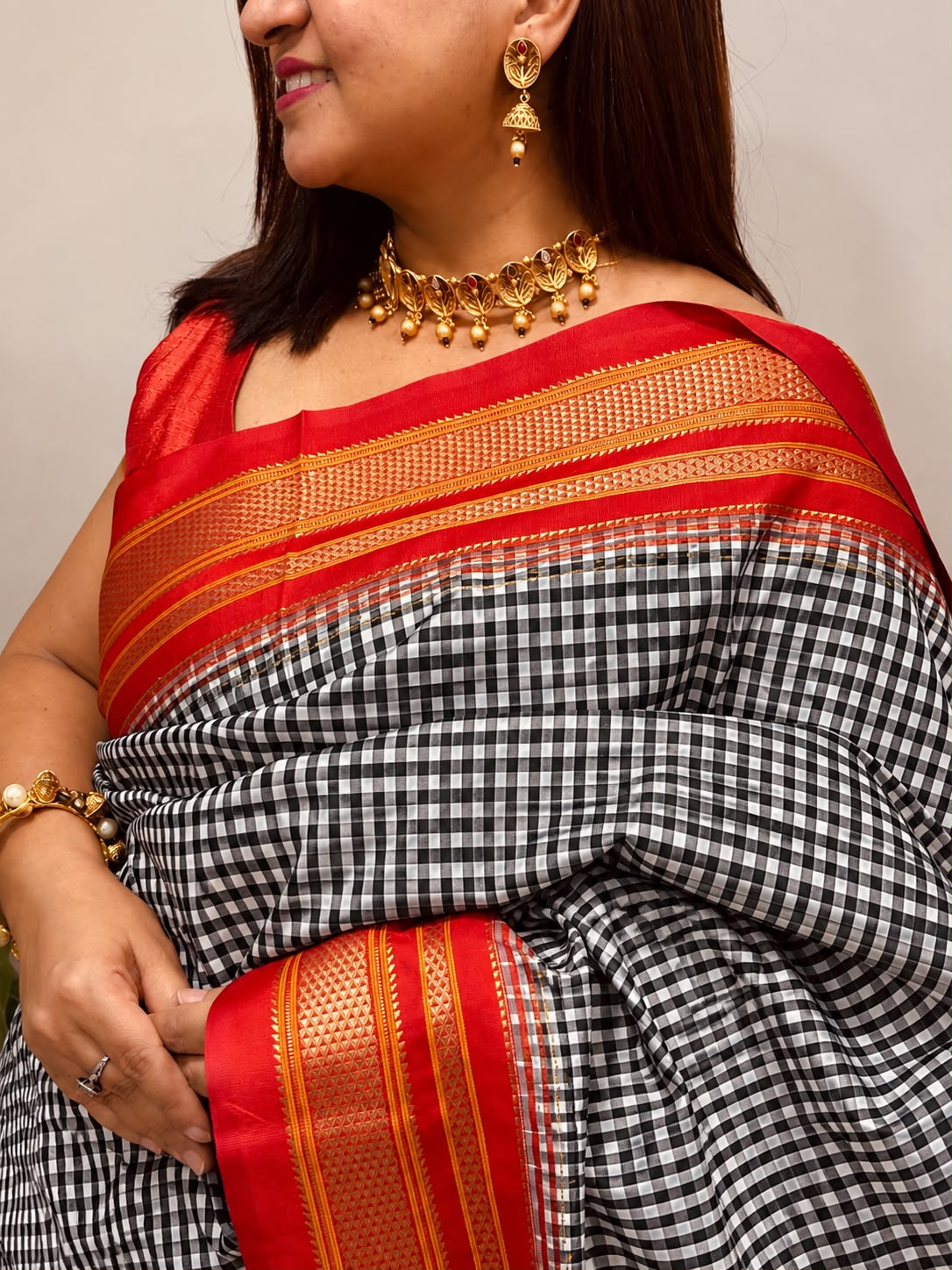 Black and Red Ilkal Silk Temple Border Checks Saree