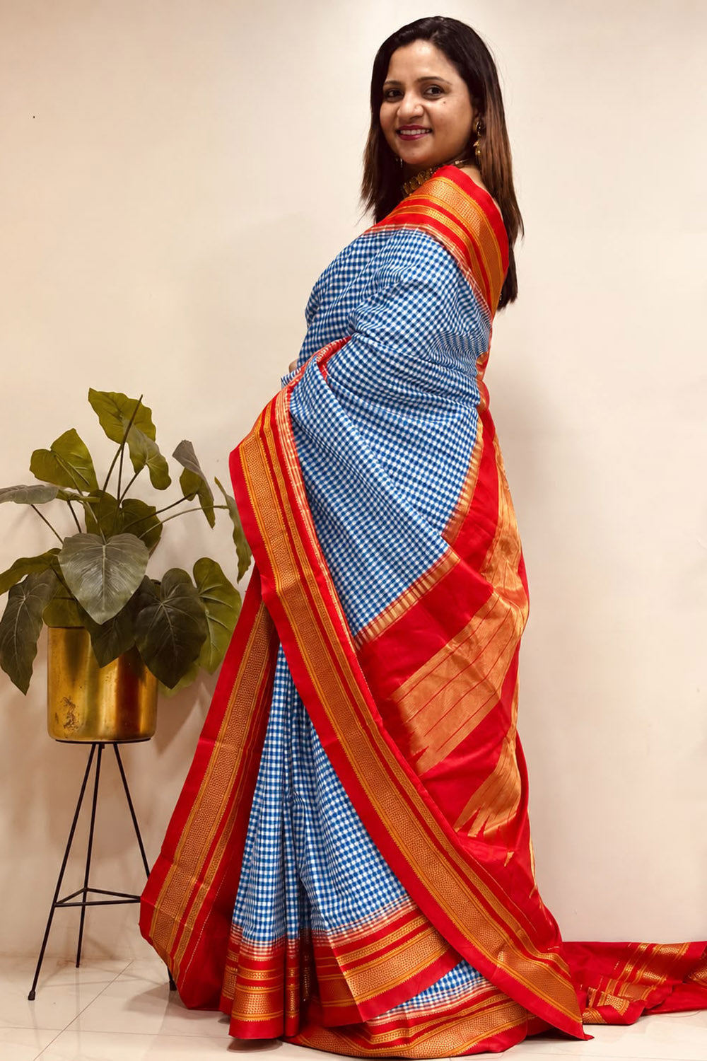 Blue and Red Ilkal Silk Temple Border Checks Saree