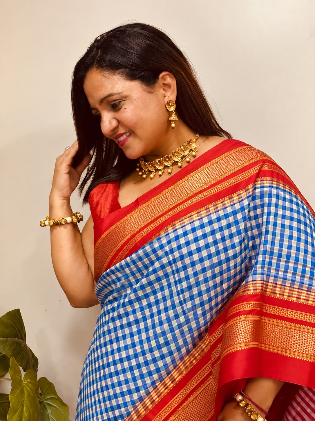 Blue and Red Ilkal Silk Temple Border Checks Saree
