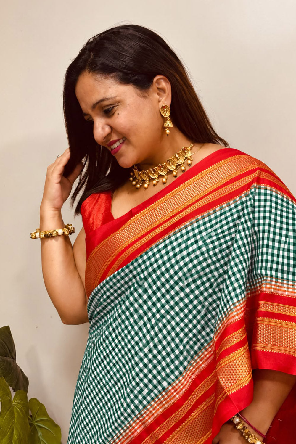 Green and Red Ilkal Silk Temple Border Checks Saree