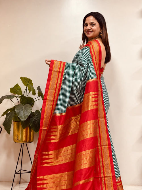 Green and Red Ilkal Silk Temple Border Checks Saree